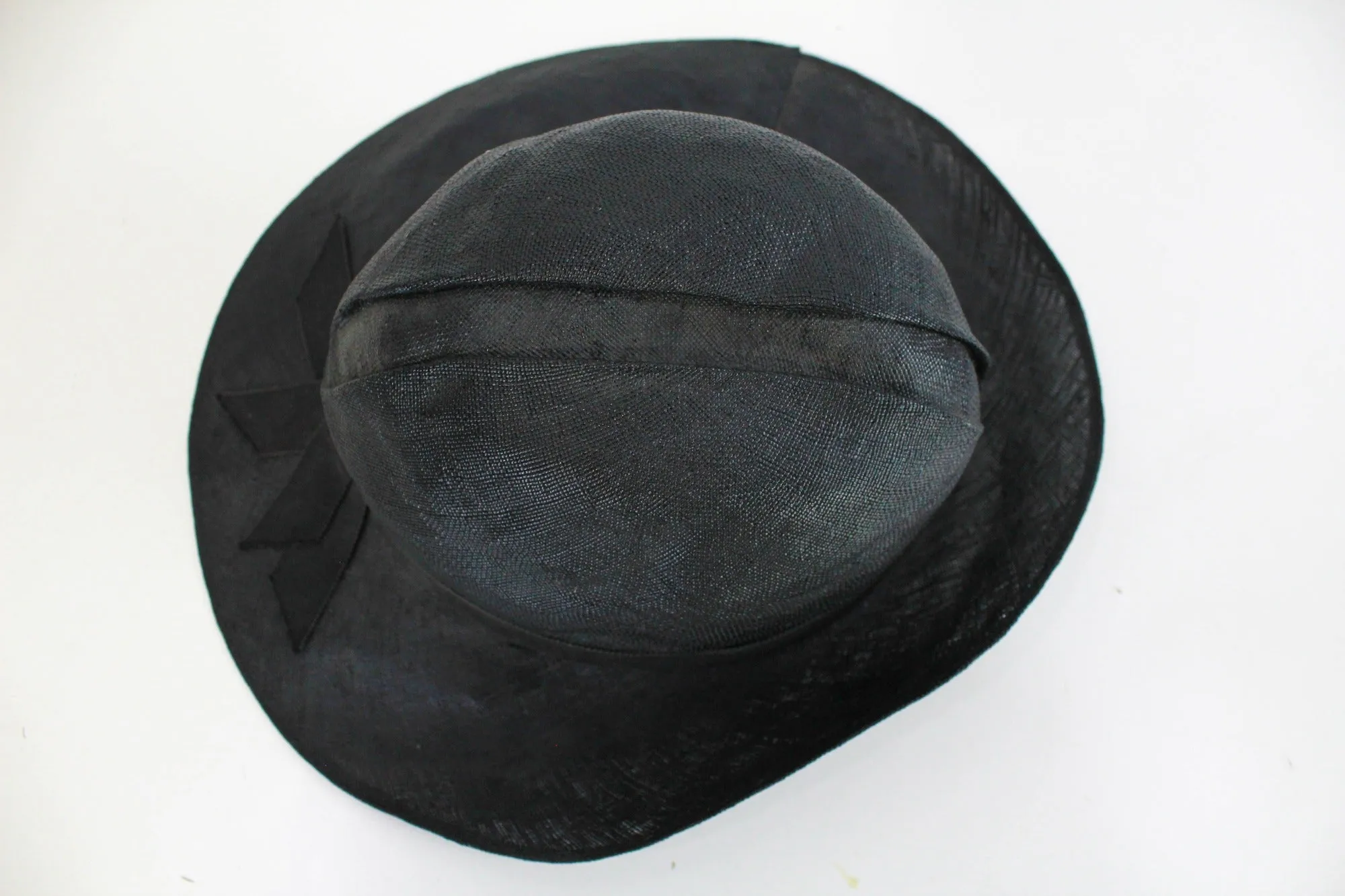 1930s Black Straw Hat, Asymmetrical Brim, Ribbon Trim