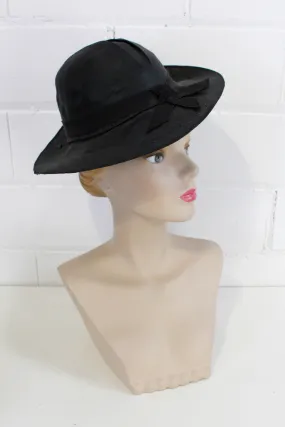 1930s Black Straw Hat, Asymmetrical Brim, Ribbon Trim