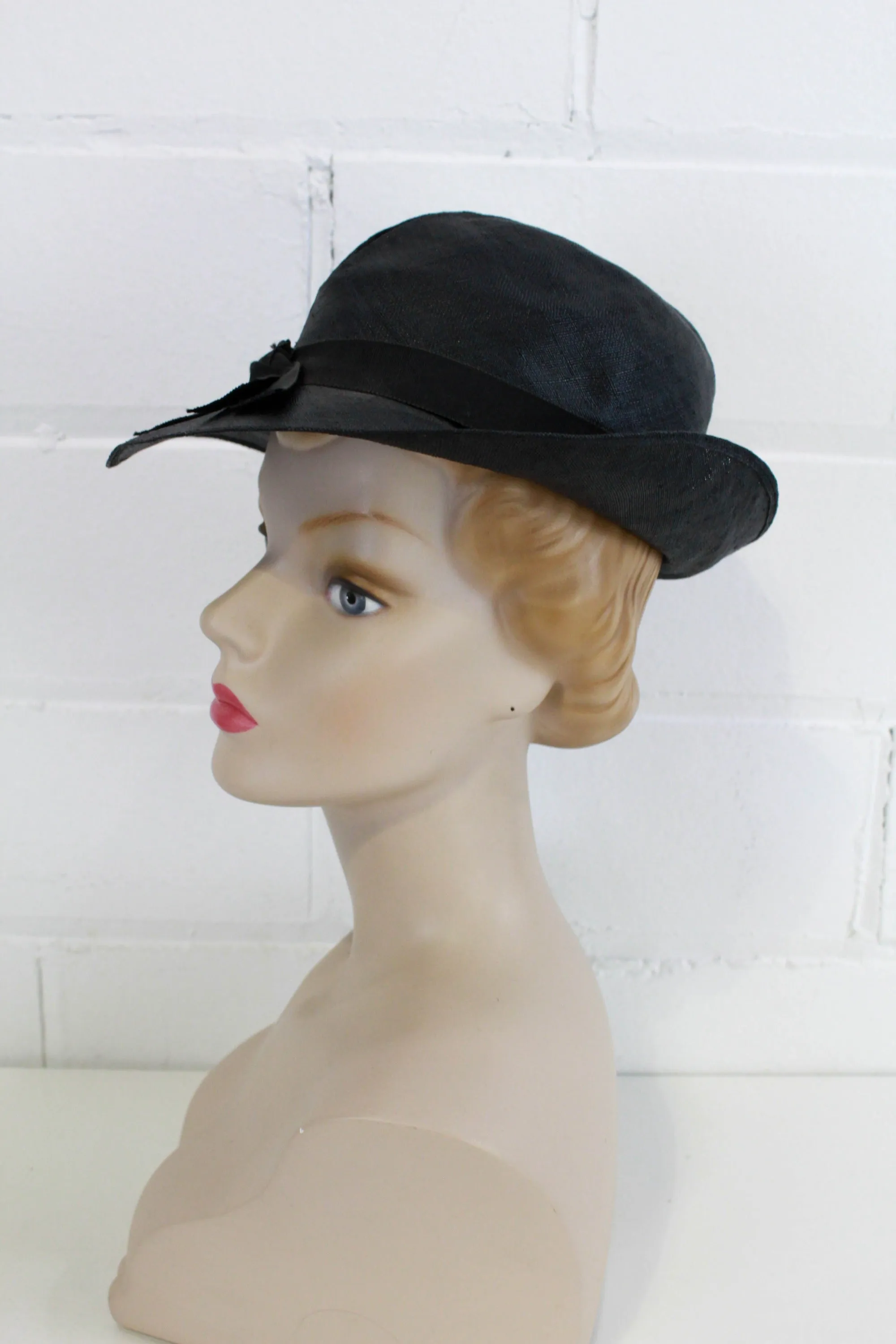 1930s Black Straw Hat, Asymmetrical Brim, Ribbon Trim