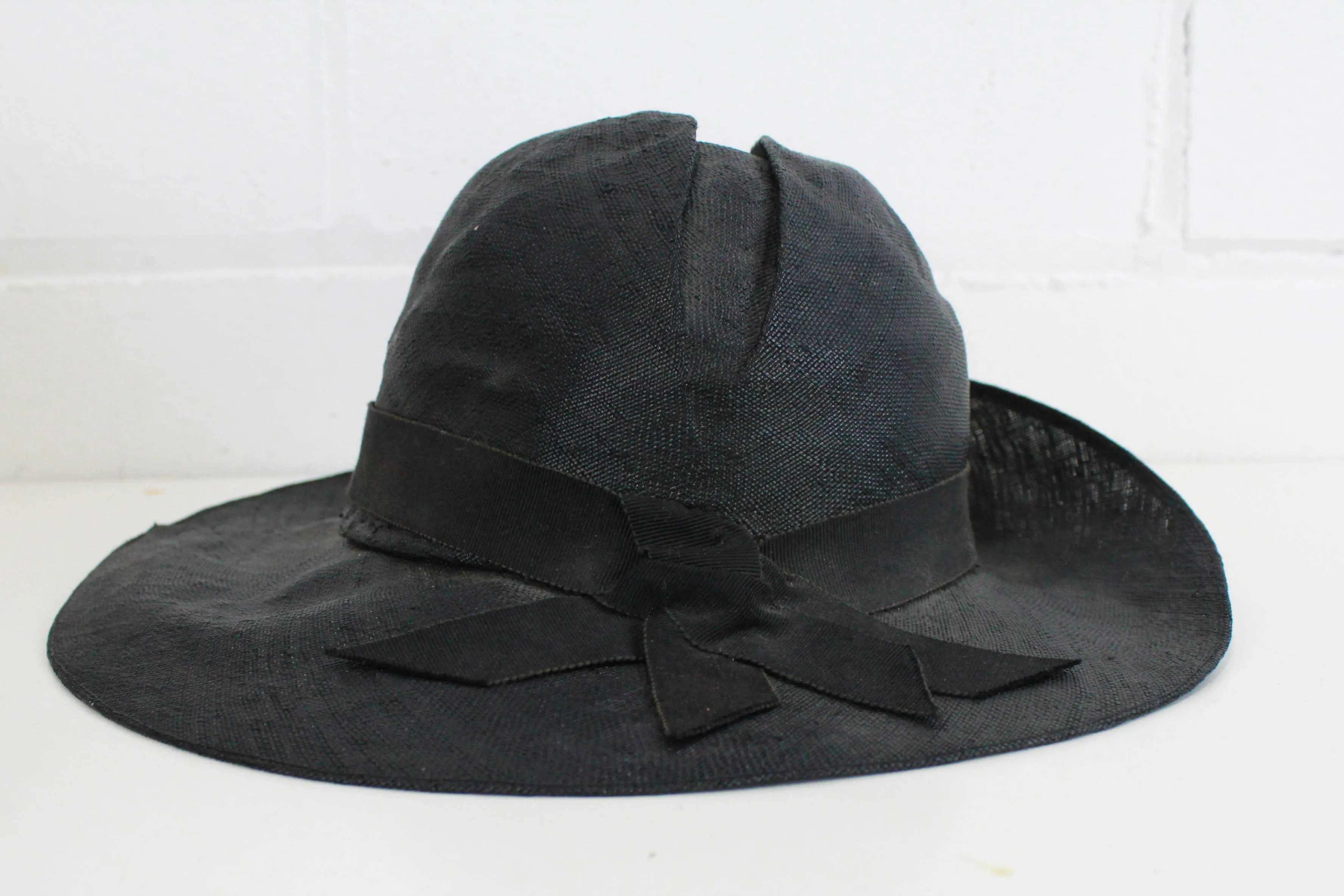 1930s Black Straw Hat, Asymmetrical Brim, Ribbon Trim