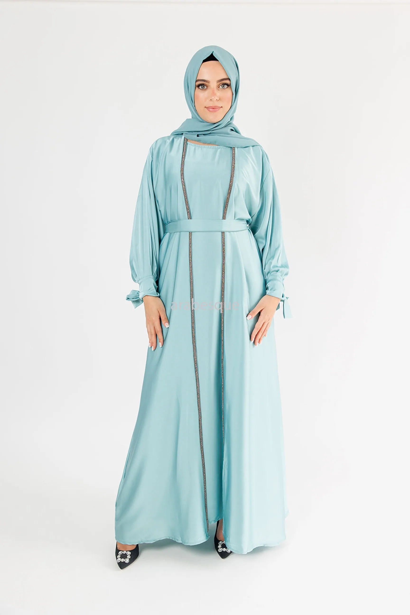 4 Piece Satin Open Abaya Set - 6 Colours