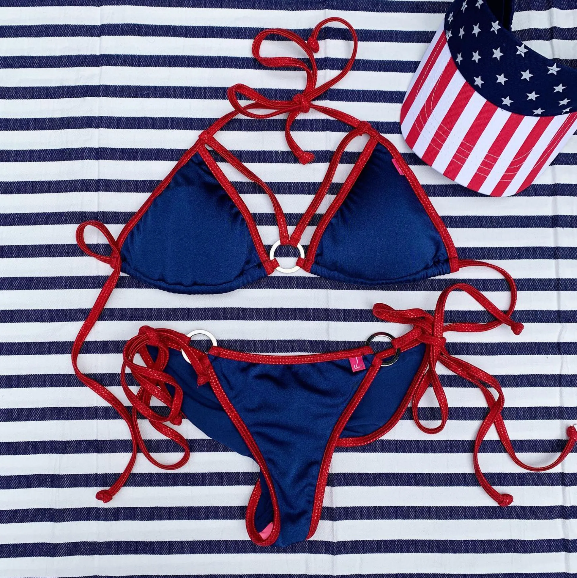 Aruba: String Bikini in Navy/Red Shimmer w/ Silver Rings