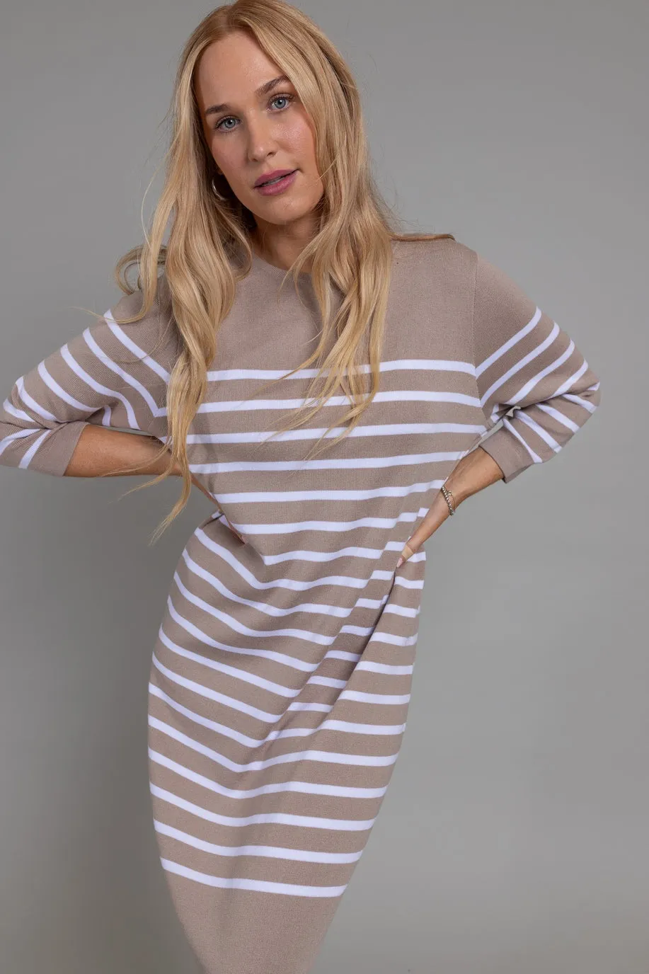 Bianca Knitted Dress (Latte/White Stripes)