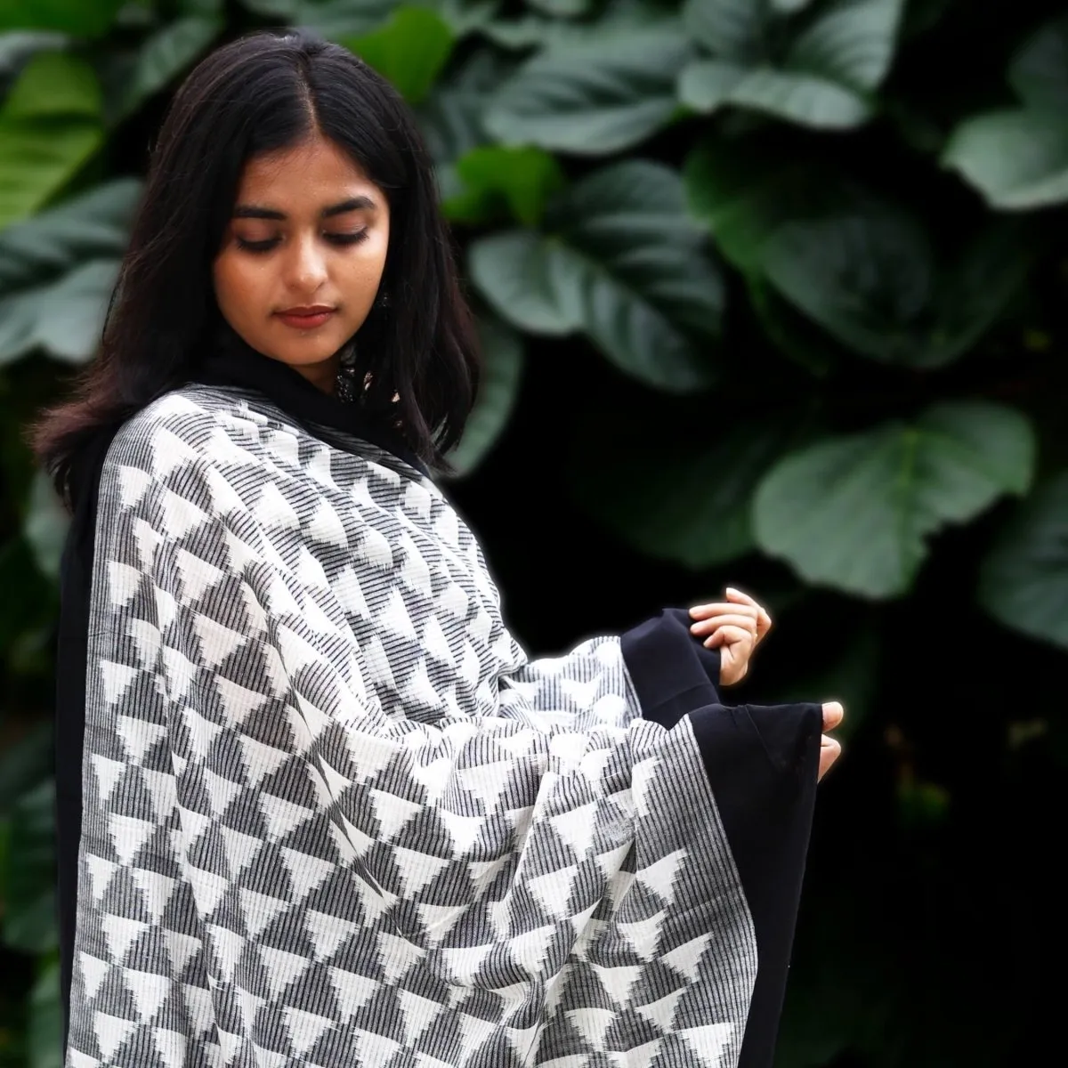 Black and Grey Handwoven Ikat Long Scarf