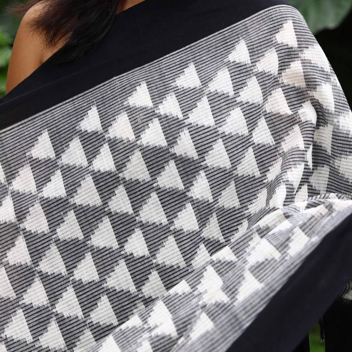 Black and Grey Handwoven Ikat Long Scarf