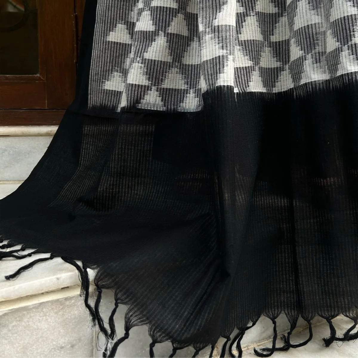 Black and Grey Handwoven Ikat Long Scarf