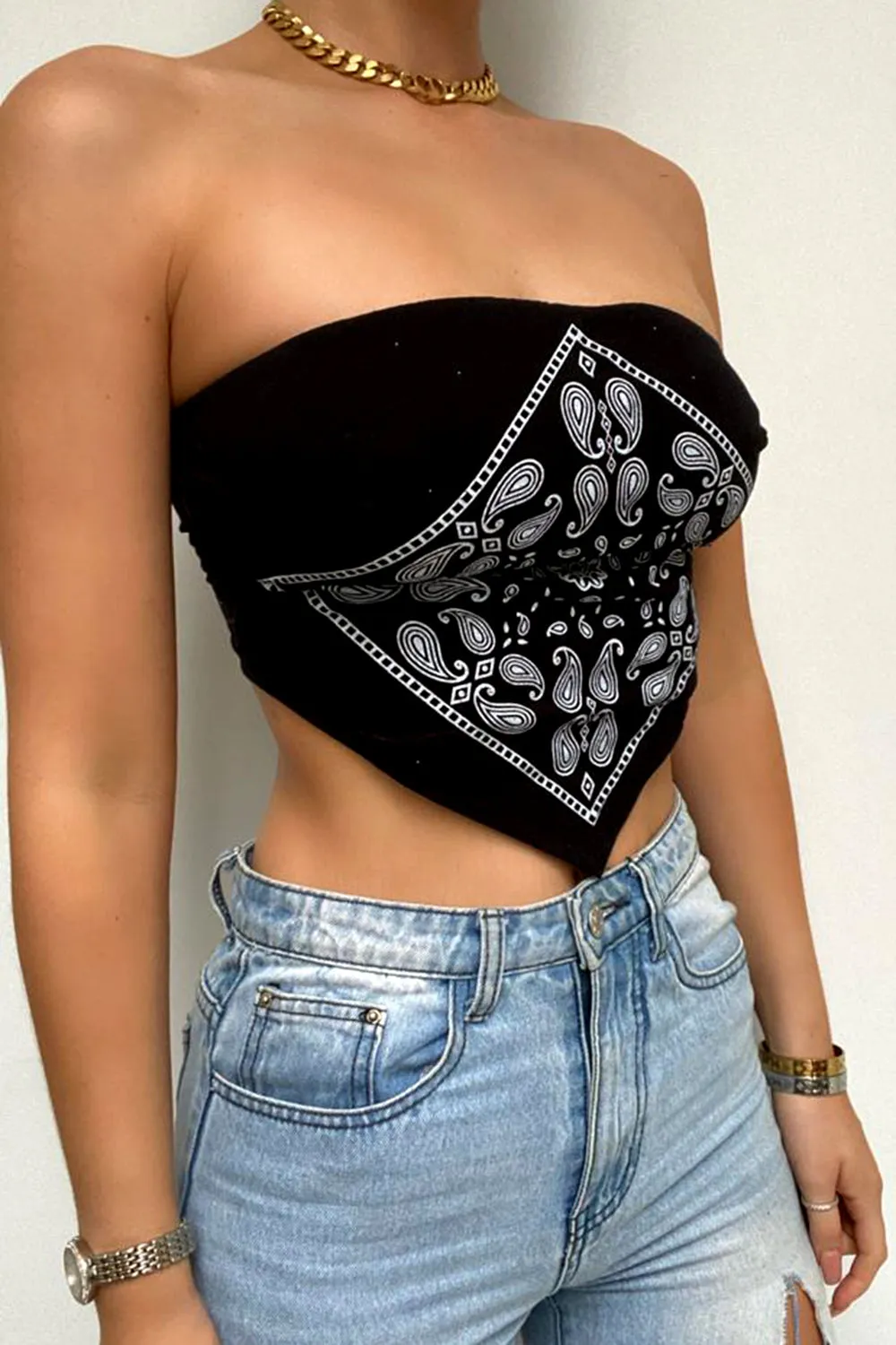 Black Bandana Scarf Print Crop Top