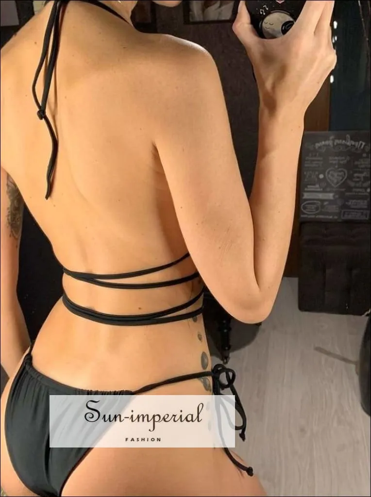 Black Wrap around String Triangle Bikini top & side Tie Ruffle bottom Bikini Set