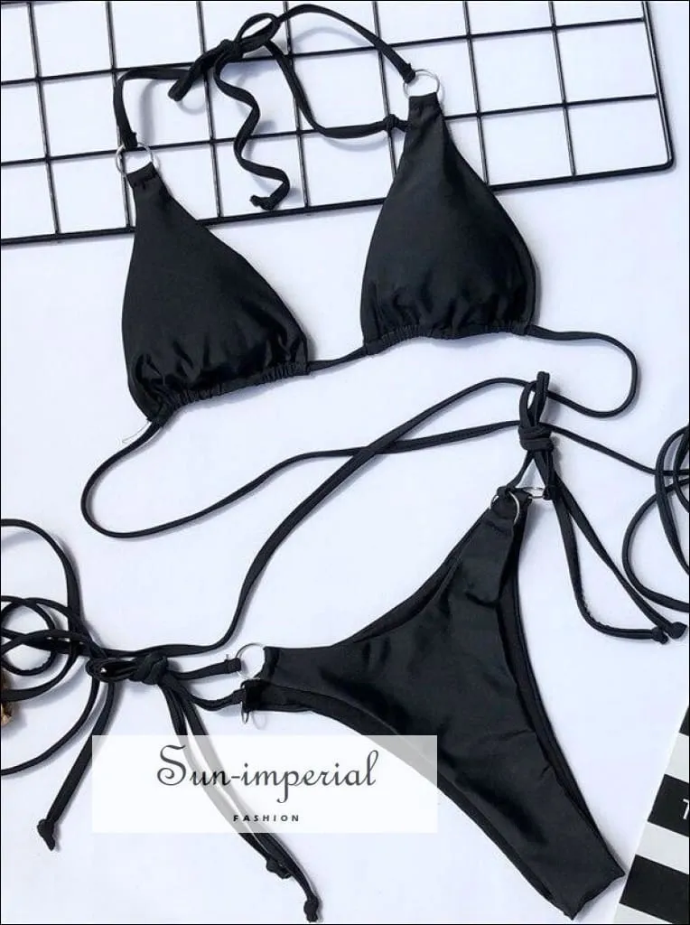 Black Wrap around String Triangle Bikini top & side Tie Ruffle bottom Bikini Set