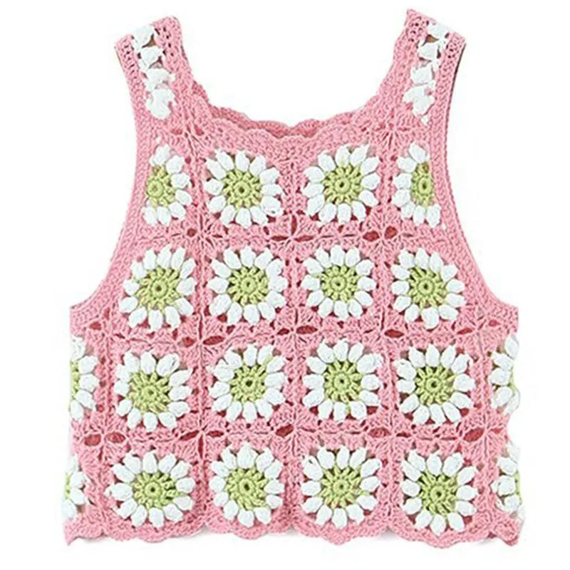 Boho Scalloped Trim Granny Square Crochet Hand Knit Crop Tank Top