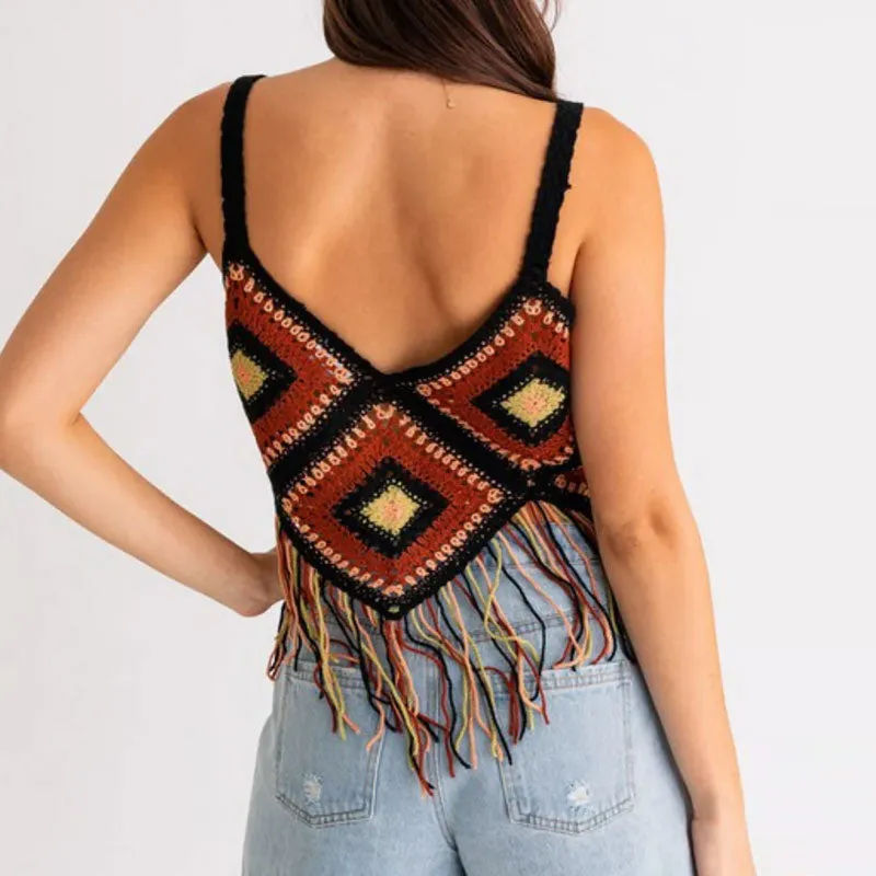 Boho Tassel Trim V Neck Suspender Strap Granny Square Black Crochet Knit Top