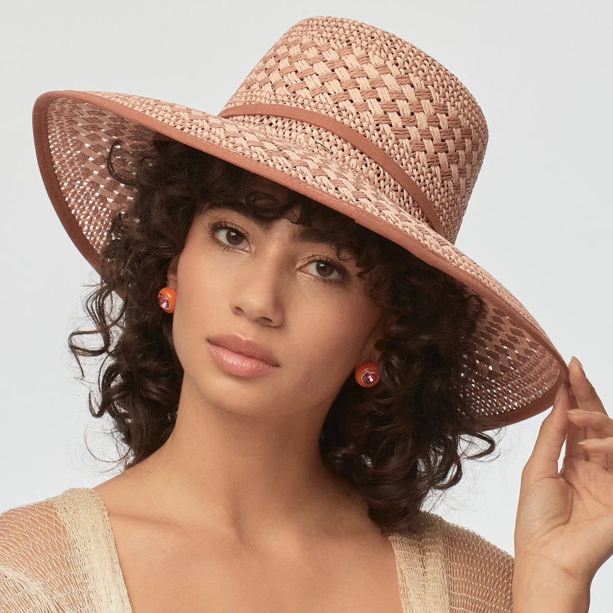 Brielle Checkered Straw Hat ~ Soft Sunset