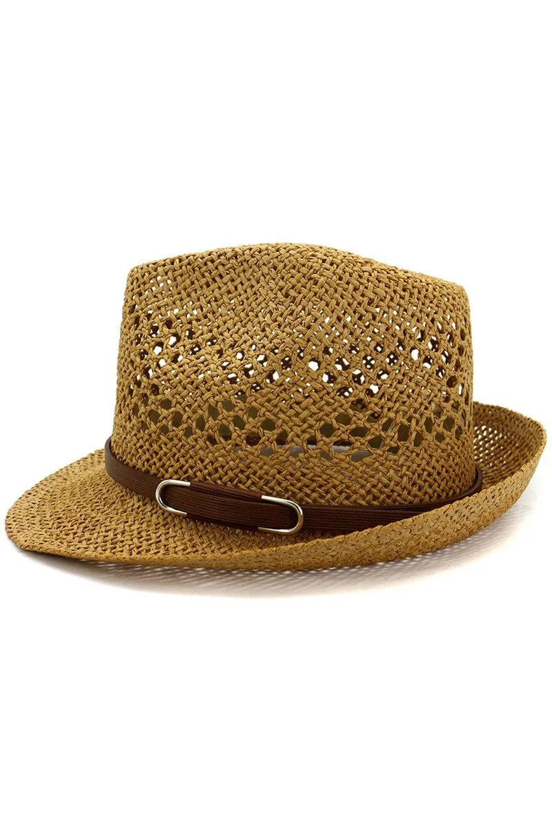 BROWN BELT WOVEN STRAW HAT