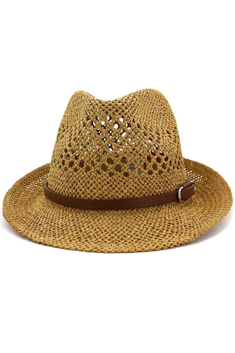 BROWN BELT WOVEN STRAW HAT