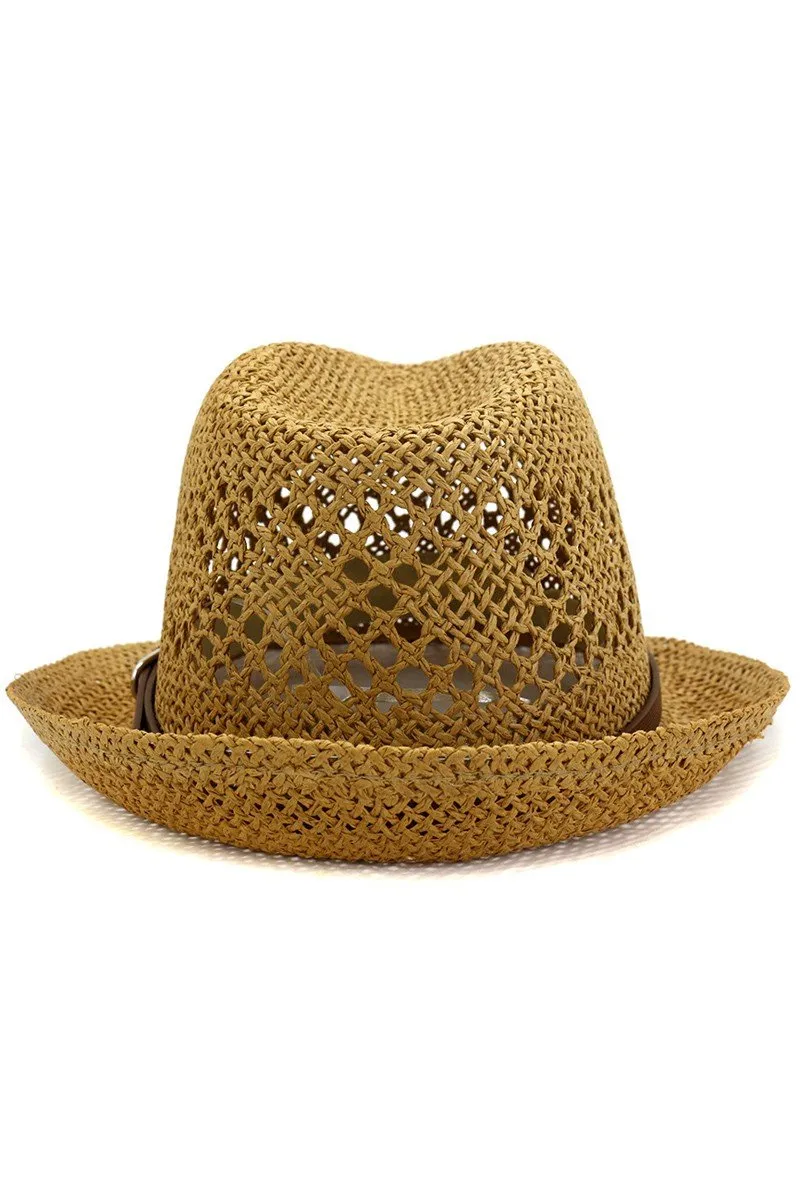 BROWN BELT WOVEN STRAW HAT