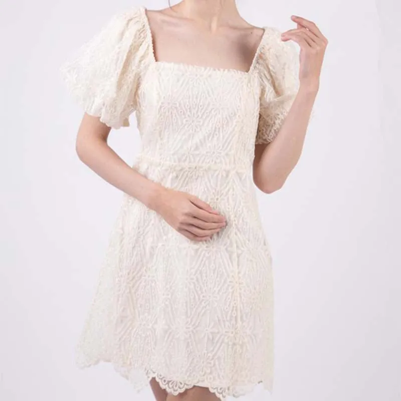 Bubble Sleeve Lace White Dress