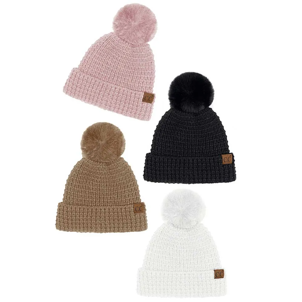 C.C Waffle Knit Pattern Cuff Pom Pom Beanie Hat