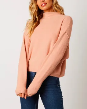 Cotton Candy LA - Mock Neck Ribbed Trim Dropped Shoulders Sweater in Blush