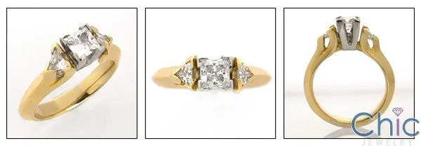 Cubic Zirconia 3 Stone .50 Princess Center Trillion Sides Cz Ring 14K Yellow Gold