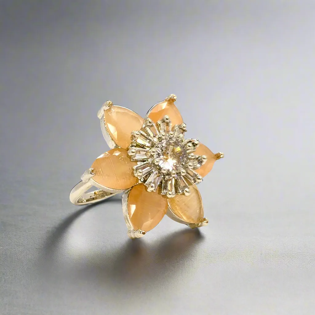 DIVA SERIES - Rhodium Plated  Peach Flower with ADs Adjustable Finger Ring