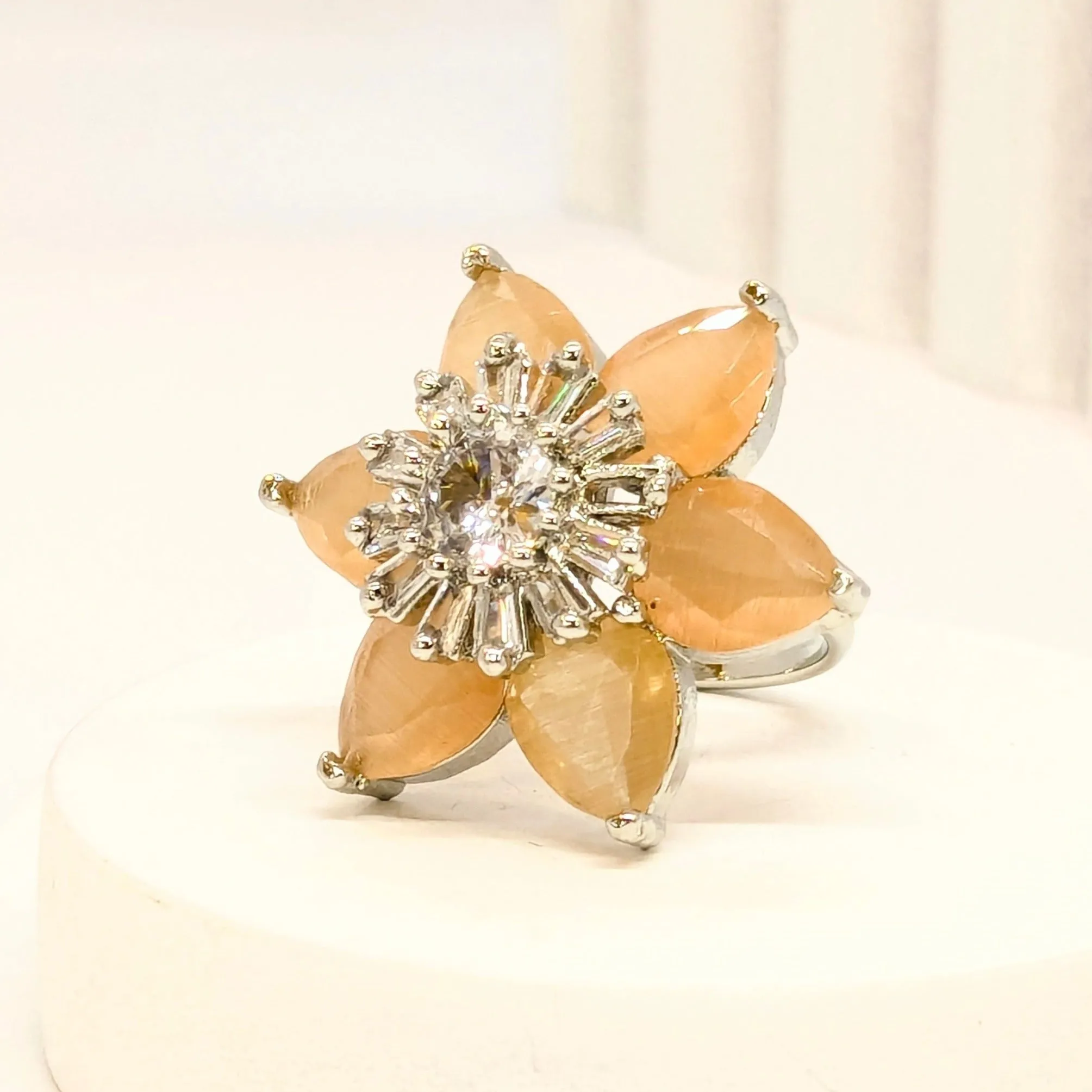 DIVA SERIES - Rhodium Plated  Peach Flower with ADs Adjustable Finger Ring