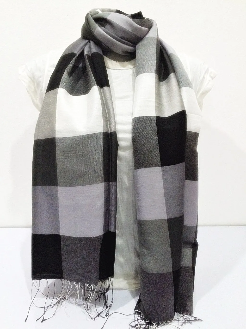 Fair Trade Hand Made Nepal Pashmina Scarf Shawl Striped Black White