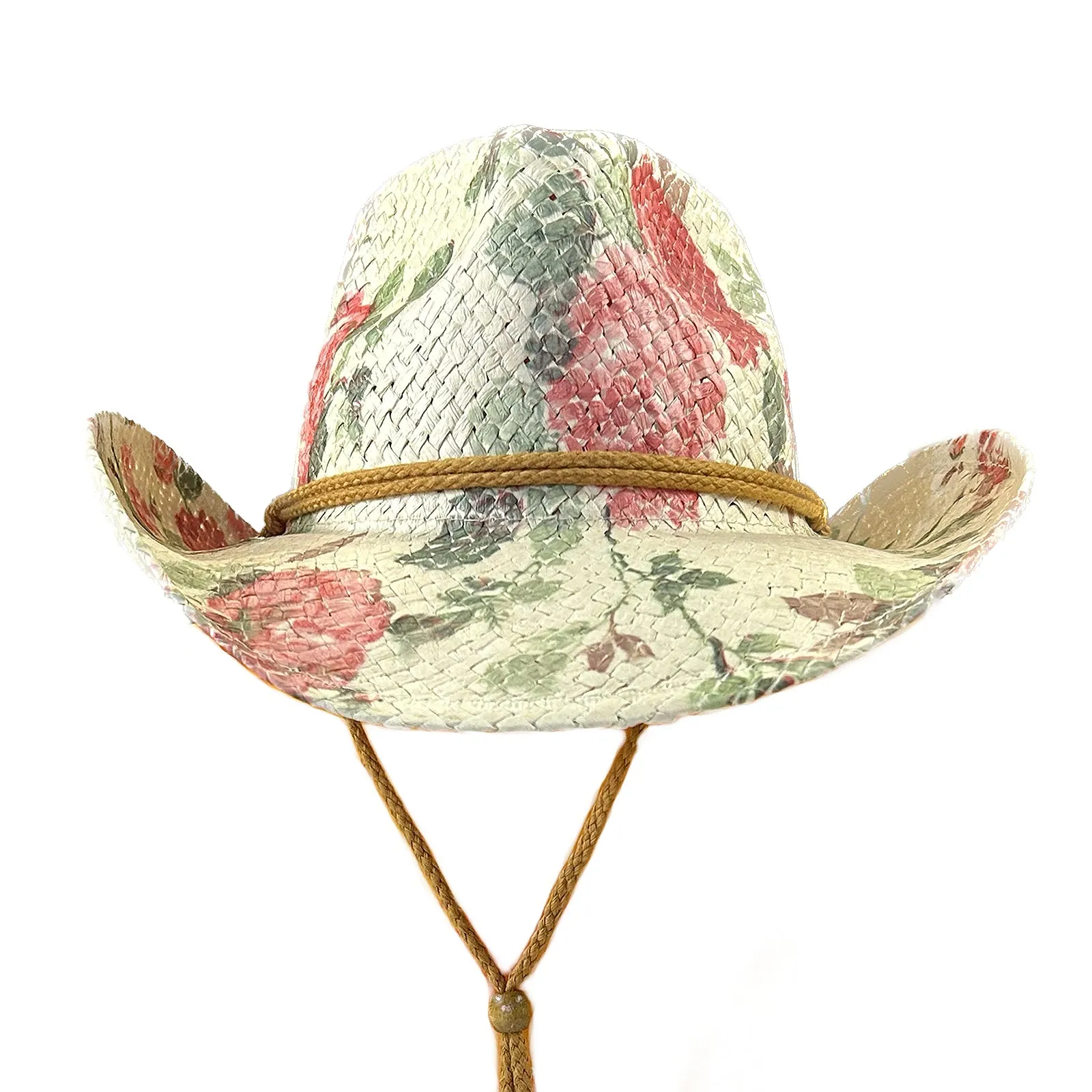 Floral Red & Green Print Straw Western Cowgirl Hat