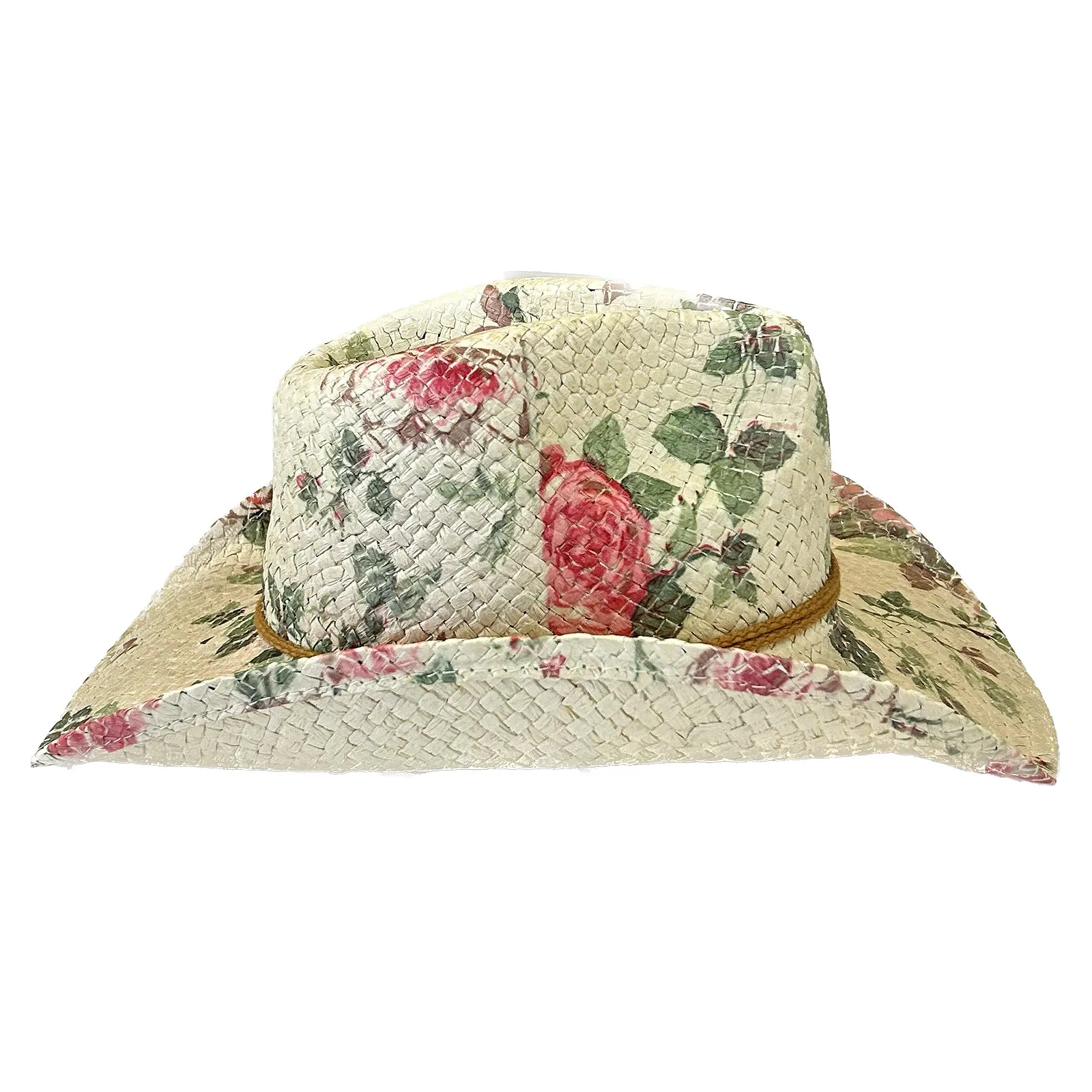 Floral Red & Green Print Straw Western Cowgirl Hat