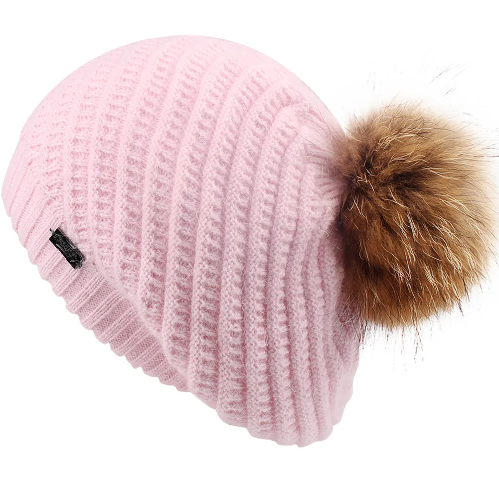 FURTALK Winter Women BeretReal Fur Pom Pom Hat Drop shipping HTWL063