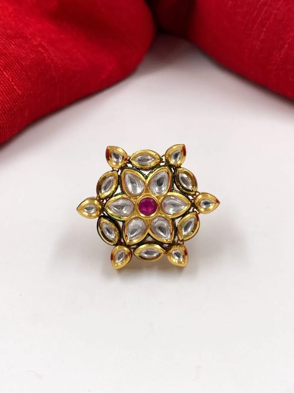 Gold Plated Adjustable Kundan Finger Ring For Ladies And Girls By Gehna Shop