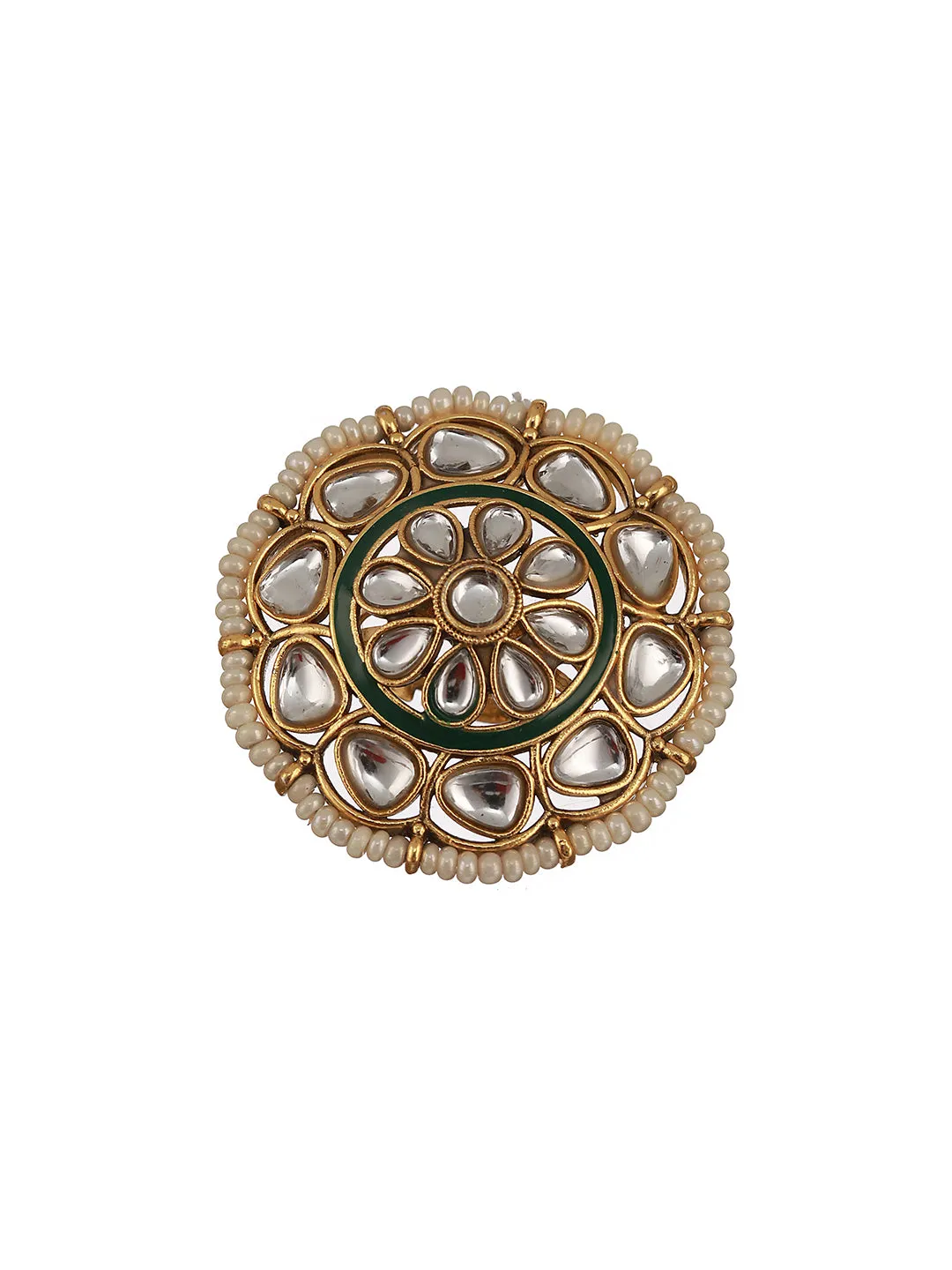 Gold-Plated White Kundan Studded & Pearl Beaded Adjustable Finger Ring