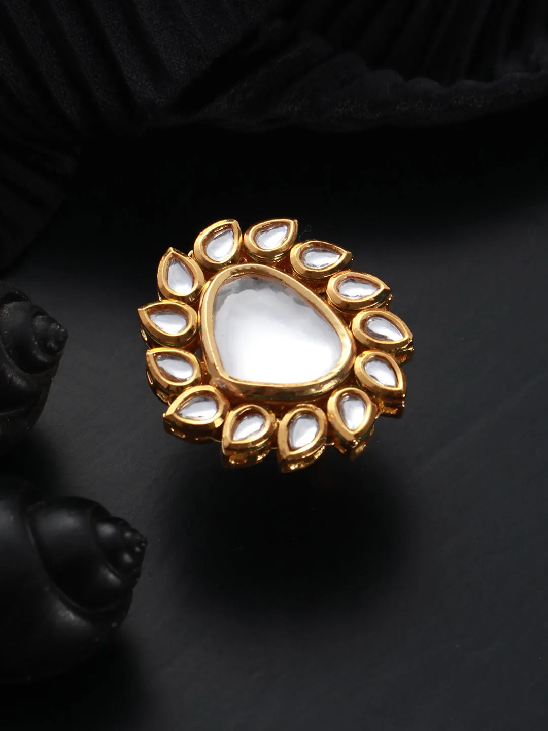 Gold-Plated White Kundan-Studded Handcrafted Adjustable Finger Ring