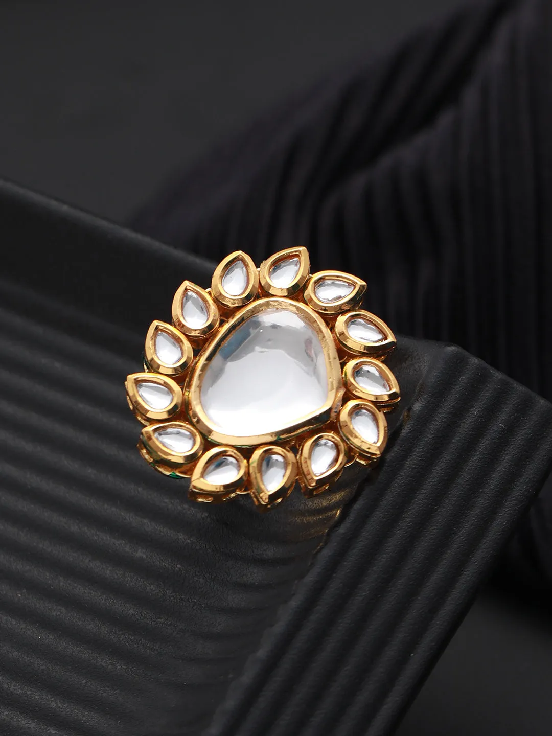 Gold-Plated White Kundan-Studded Handcrafted Adjustable Finger Ring