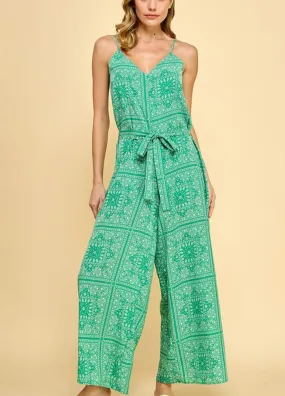 Green paisley scarf print long romper jumpsuit