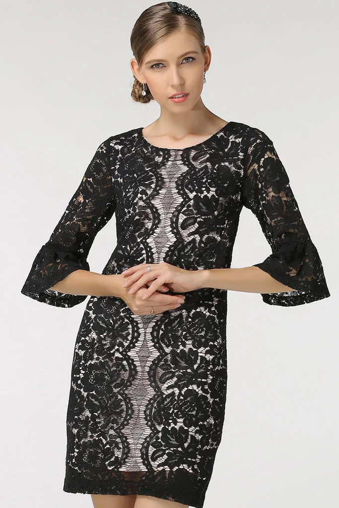 HALF SLEEVE WITH RUFFLE ENDS LACE SHEATH DRESS