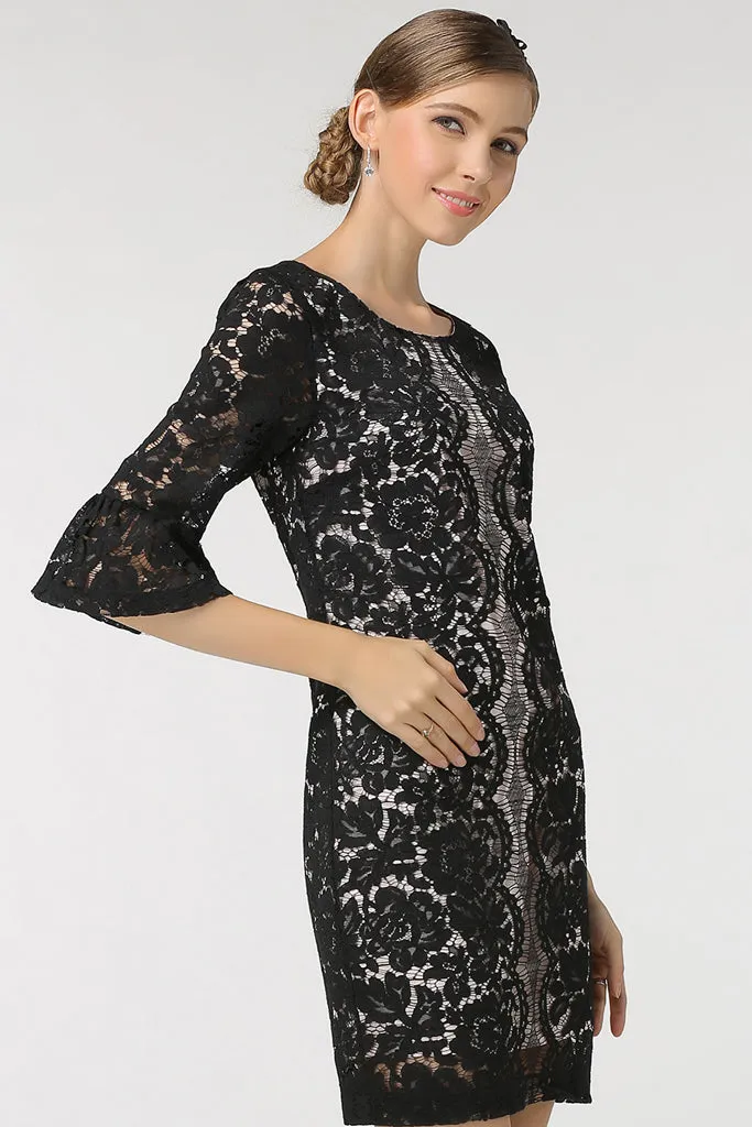 HALF SLEEVE WITH RUFFLE ENDS LACE SHEATH DRESS