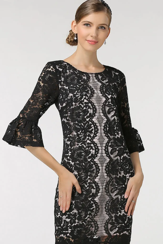 HALF SLEEVE WITH RUFFLE ENDS LACE SHEATH DRESS