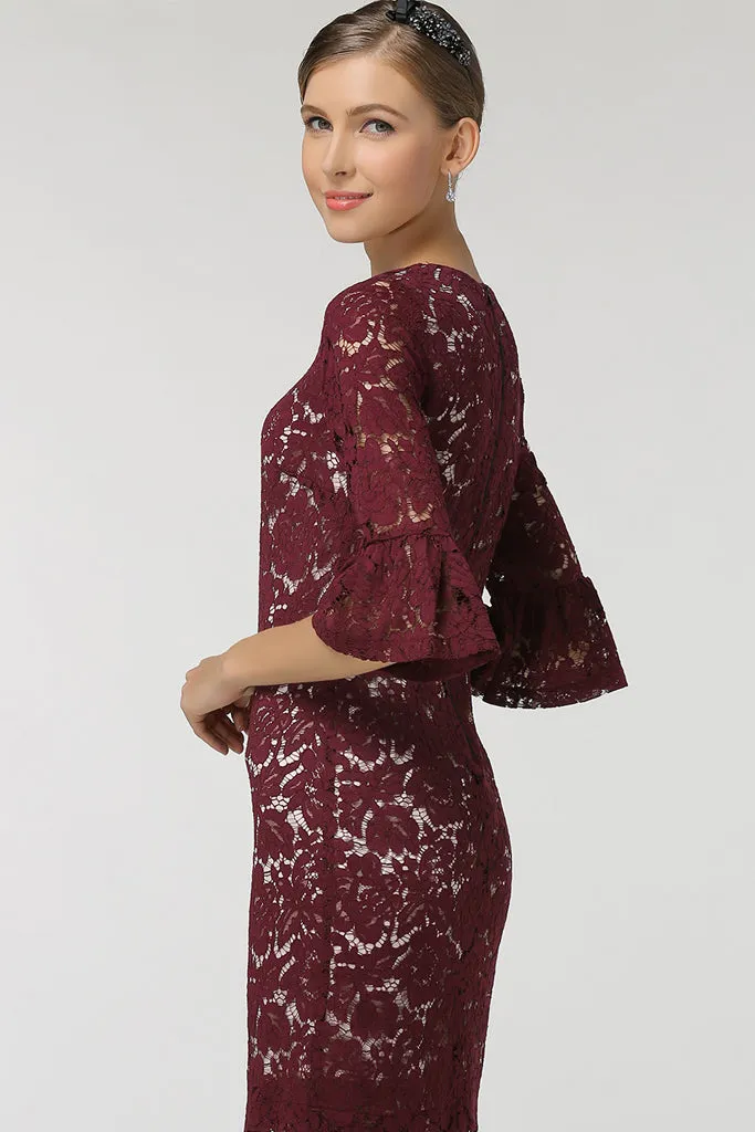 HALF SLEEVE WITH RUFFLE ENDS LACE SHEATH DRESS