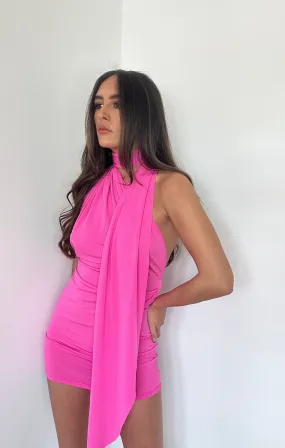 Hot Pink Neck Tie Scarf Dress