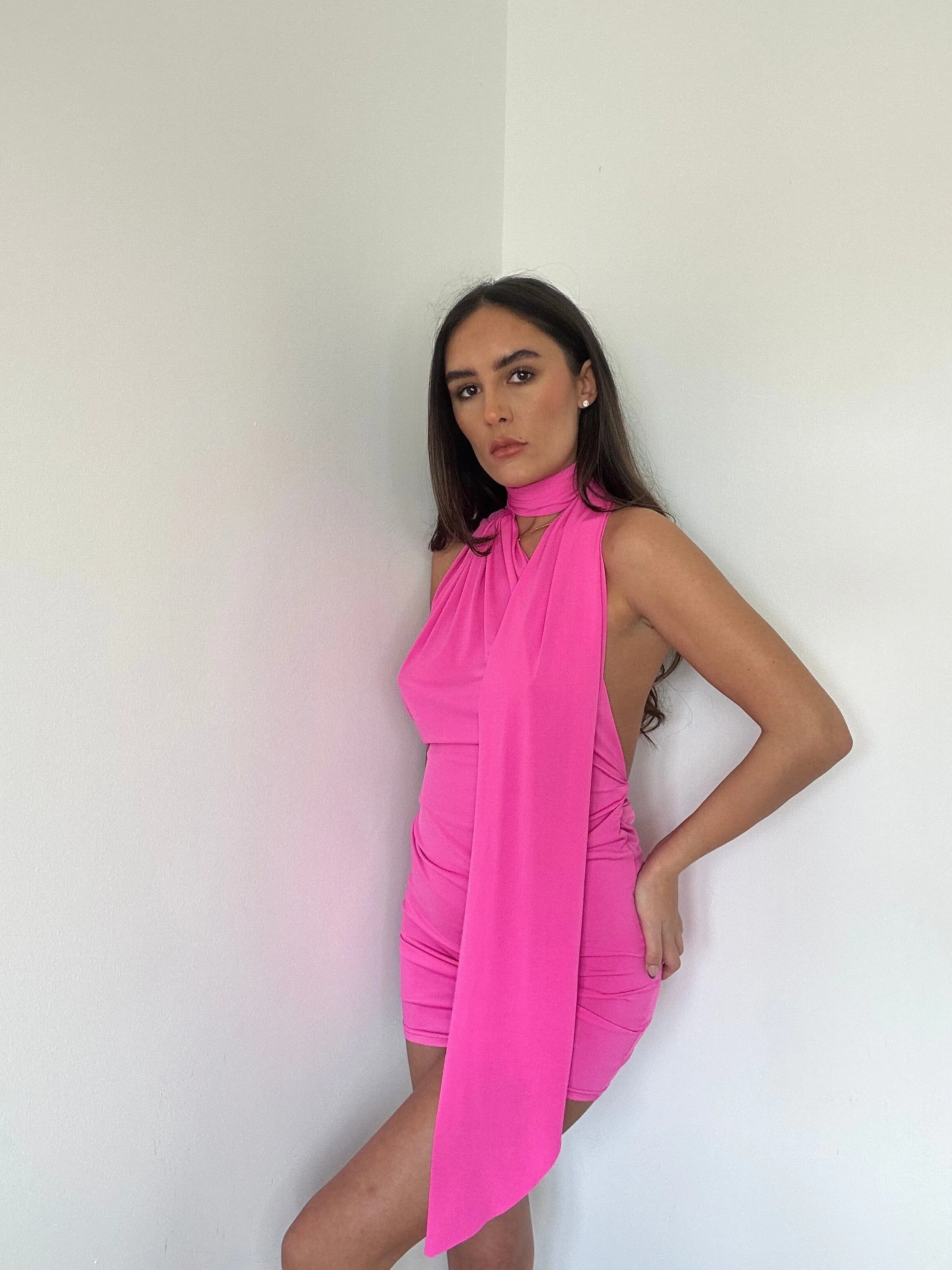 Hot Pink Neck Tie Scarf Dress