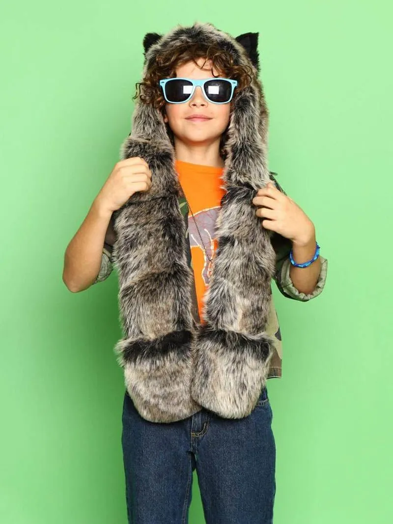 Kids Grey Wolf Faux Fur Hood