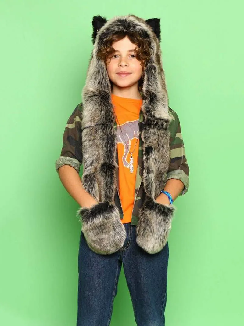 Kids Grey Wolf Faux Fur Hood