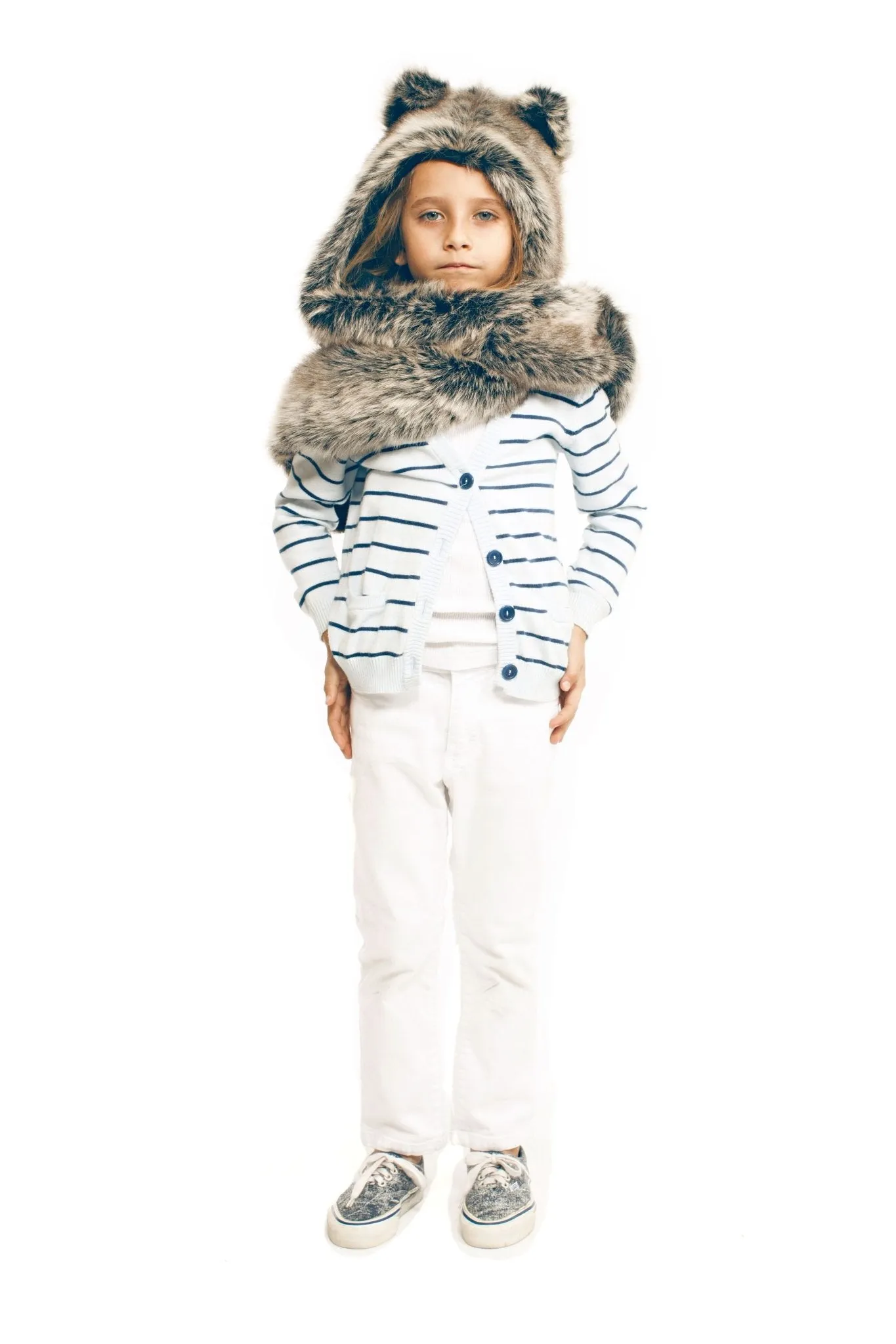 Kids Grey Wolf Faux Fur Hood