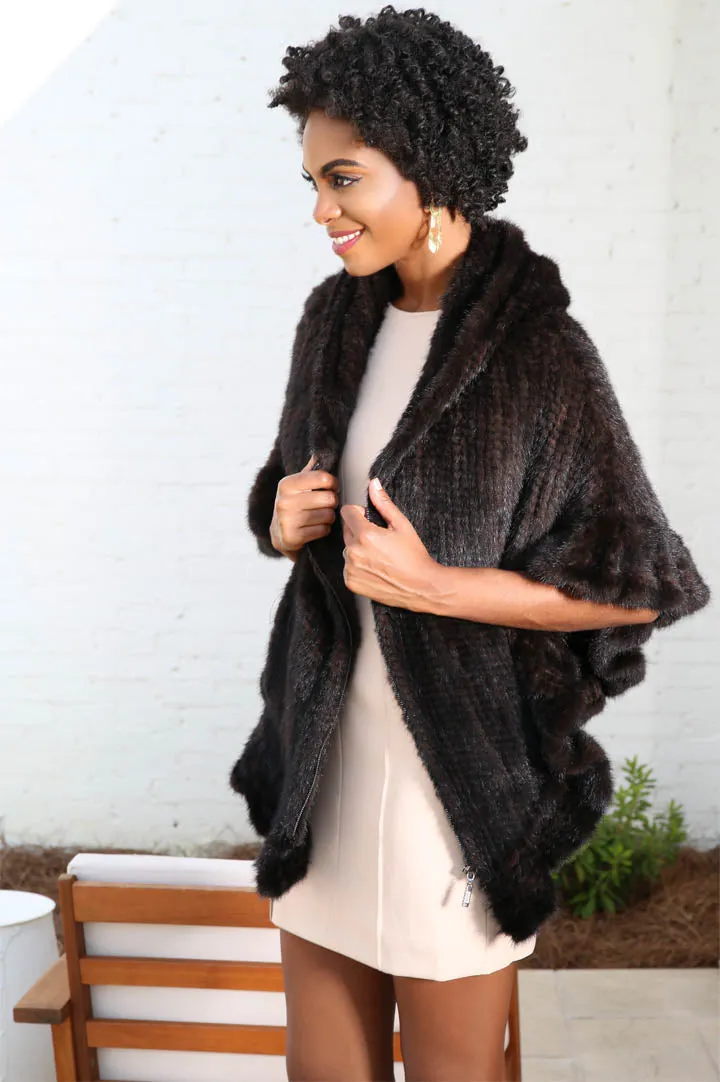 Knitted Mink Fur Cape with Hood & Zip Front