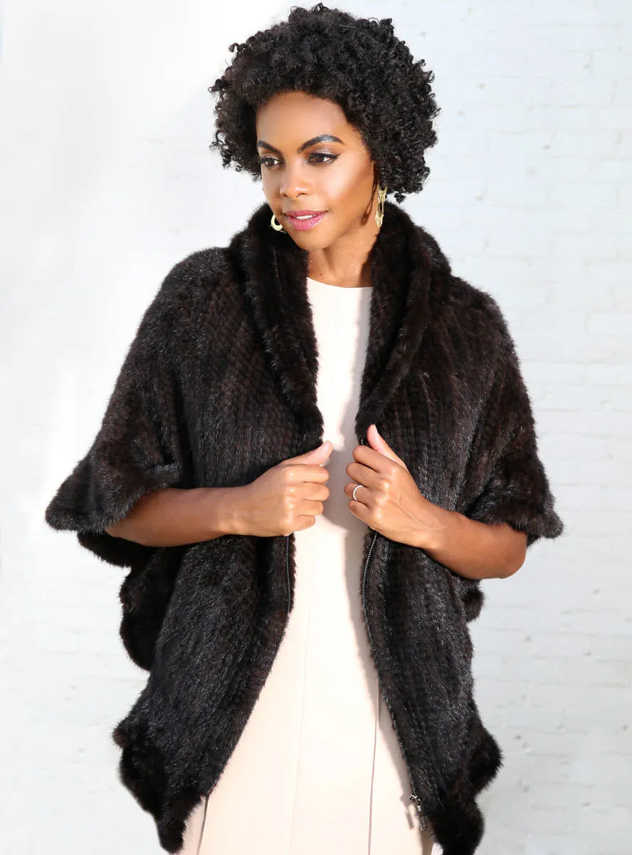 Knitted Mink Fur Cape with Hood & Zip Front