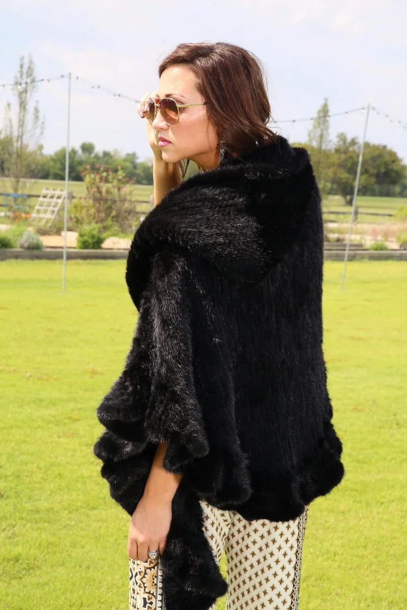 Knitted Mink Fur Cape with Hood & Zip Front