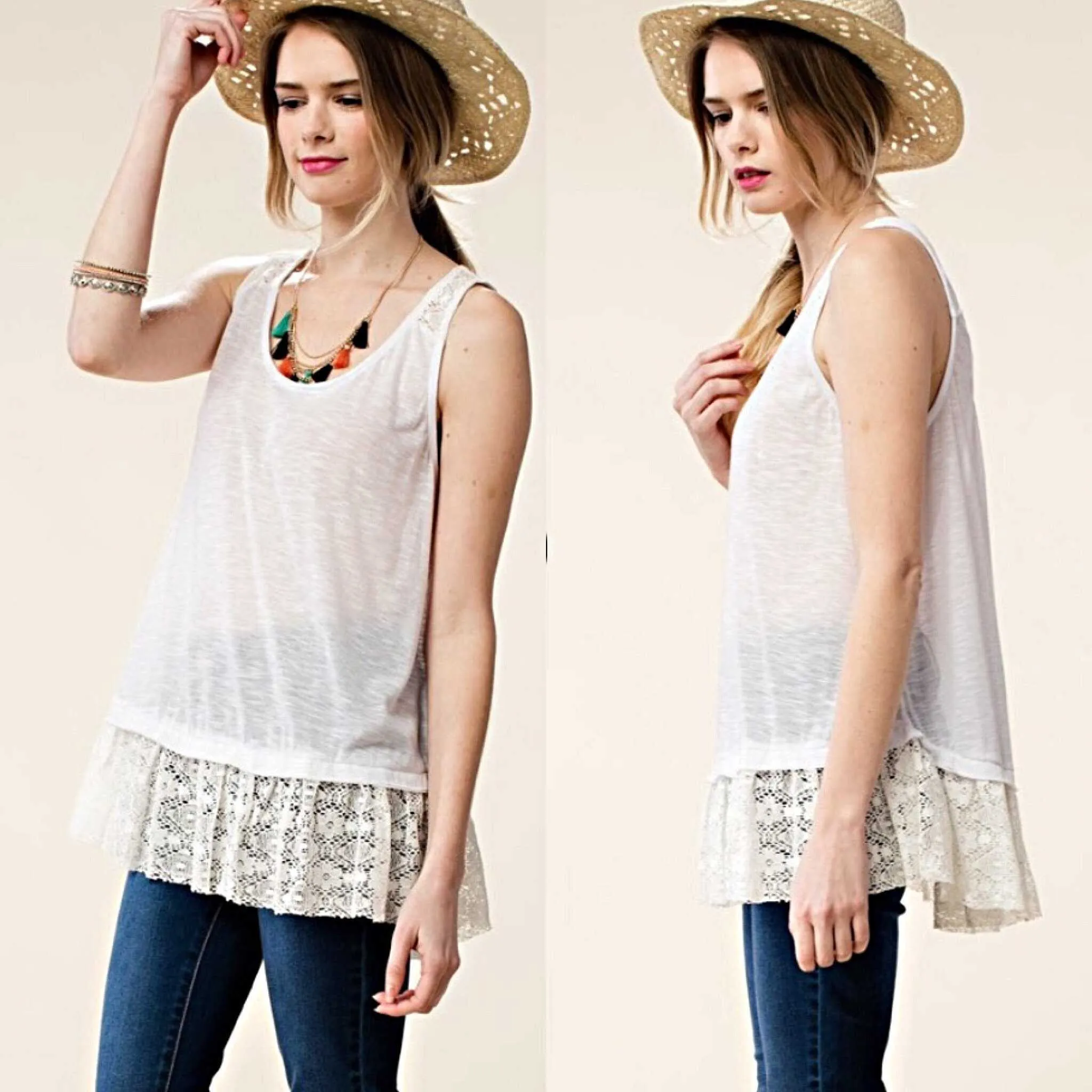 Kori America Off White Lace Ruffled Lace Tank Top-Extender