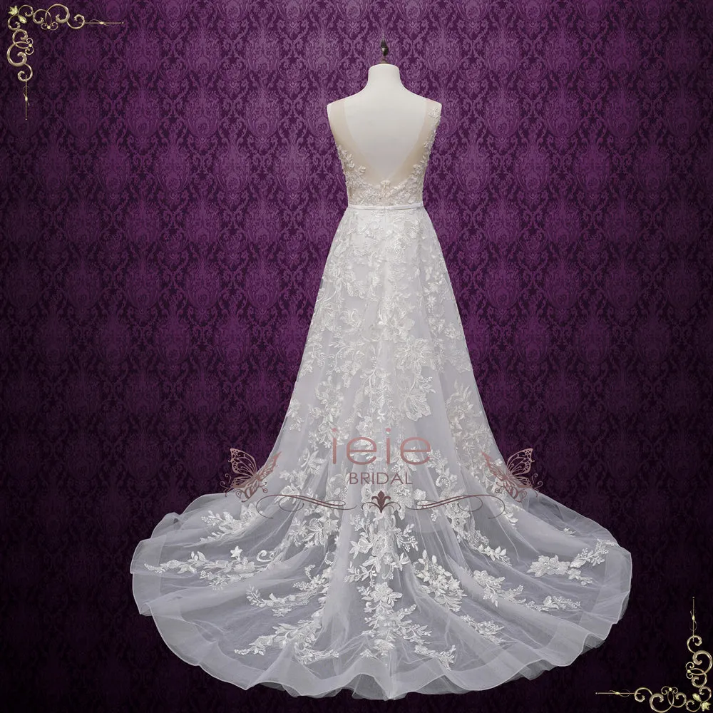 Lace Boho Slim A-line Wedding Dress with Illusion Neckline GREELEY