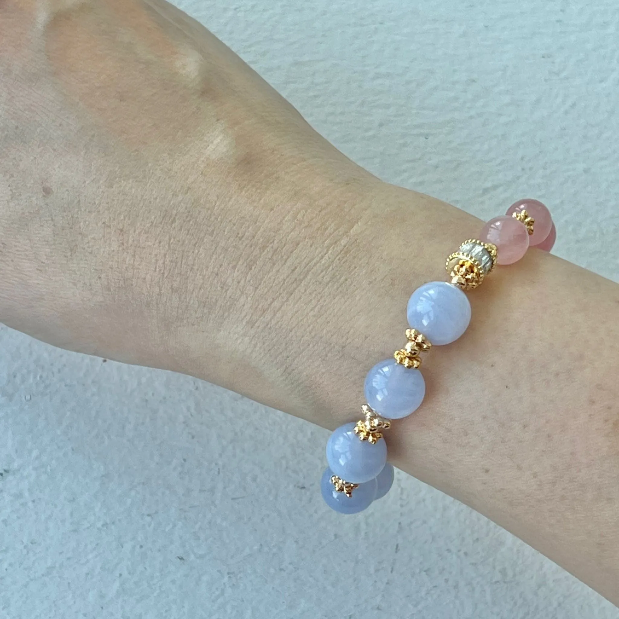 Madagascar Rose Quartz & Blue Lace Agate Moon Bracelet