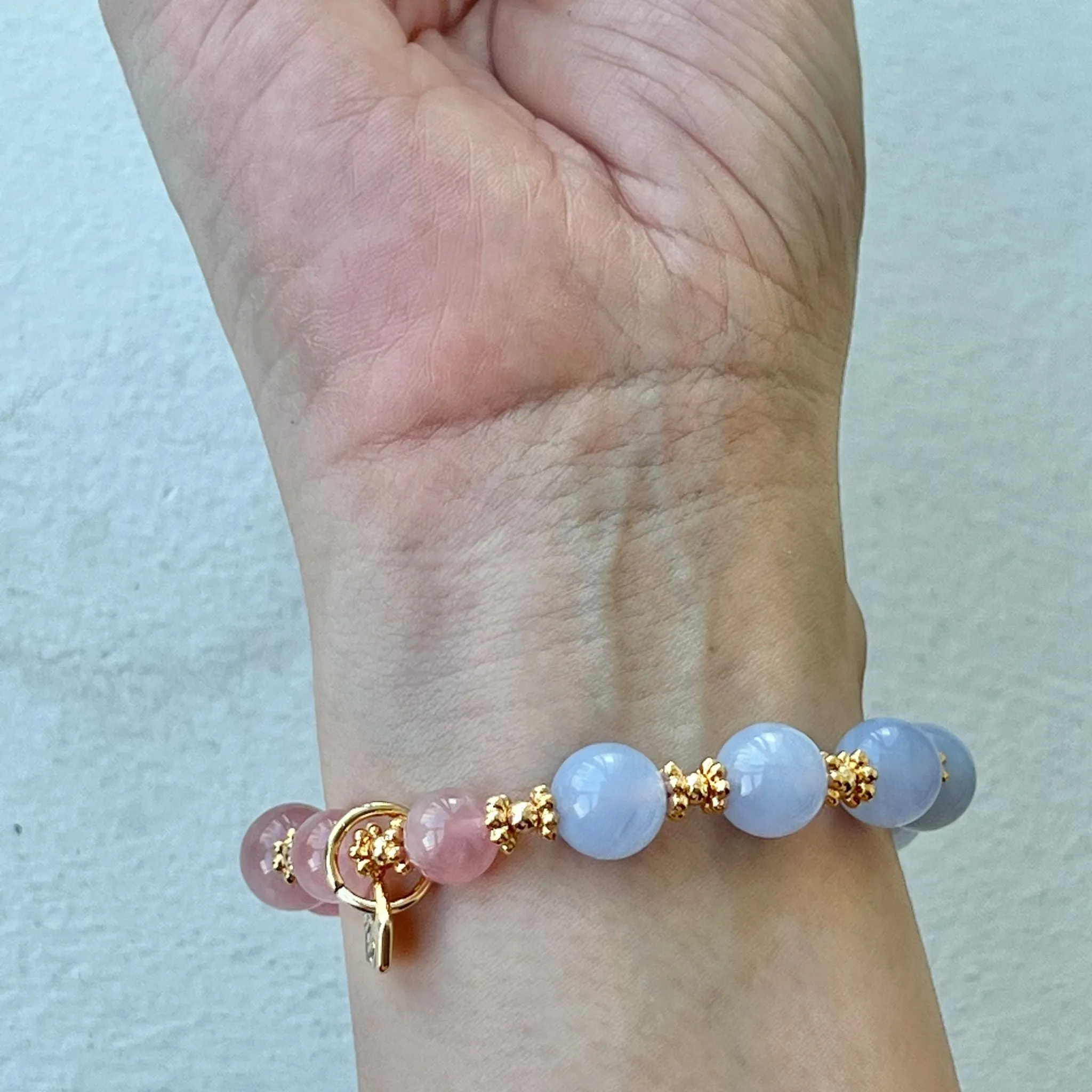 Madagascar Rose Quartz & Blue Lace Agate Moon Bracelet